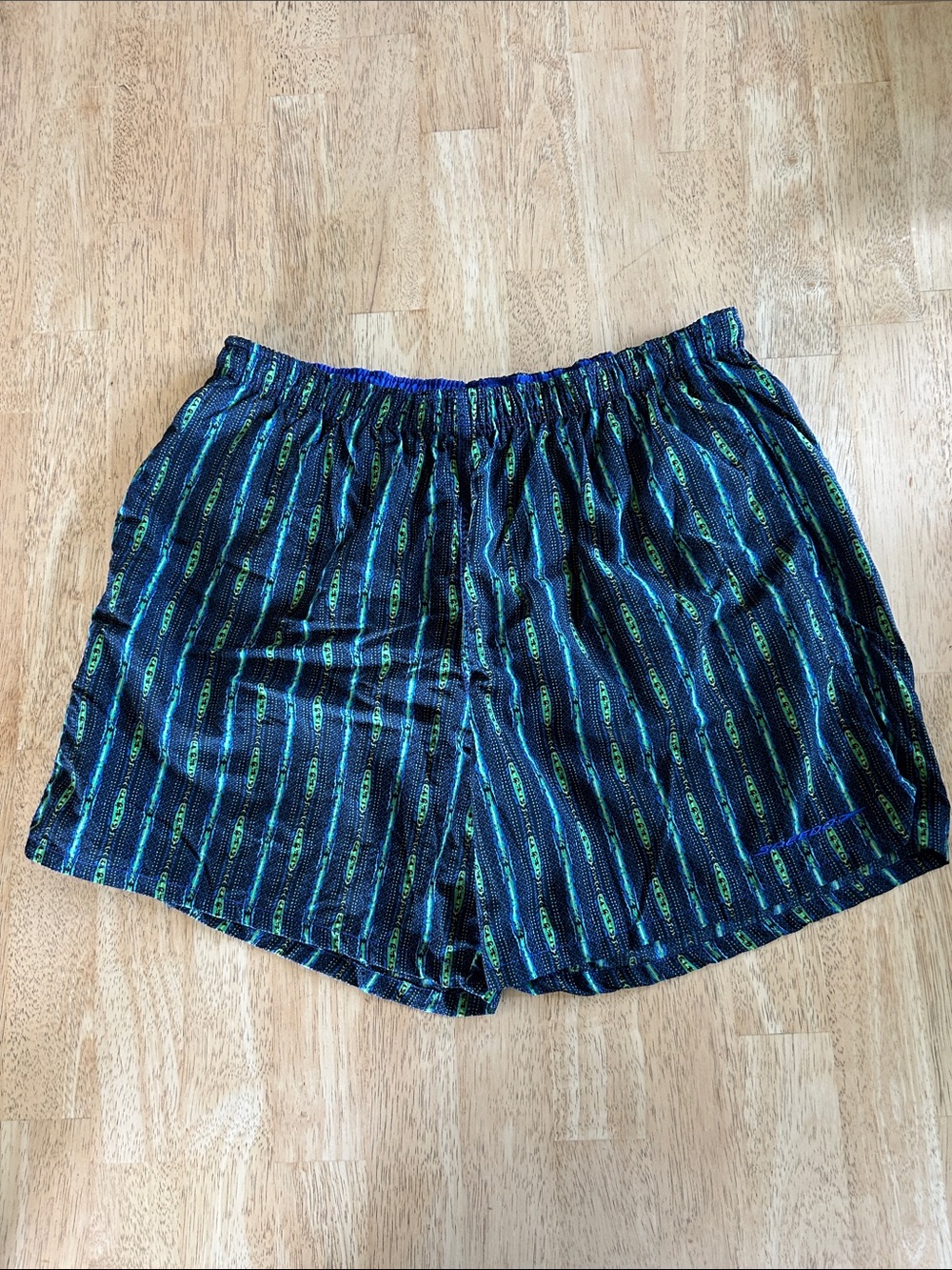 Speedo Navy Blue Swim Shorts with Green Stripe Pattern